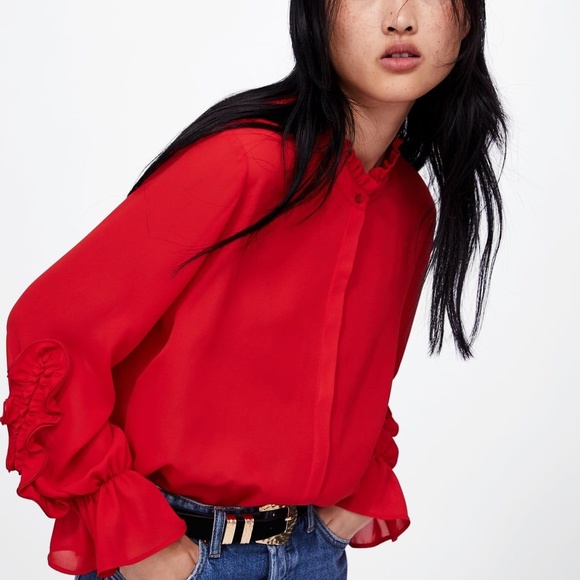 Zara Tops | Zara Ruffled Long Sleeve Red Button Down Blouse | Poshmark